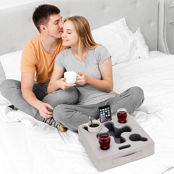 Couch Cup Holder Pillow-Sofa Cup Holder for Bed, Rv, Tv, Car, Man Cave, Backseat | Remote, Drinks, Snacks Tray Organizer Caddy Cupholder (Square-PU Grey)