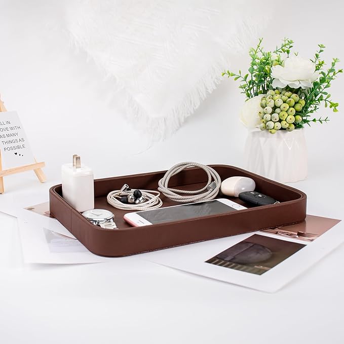 SANQIANWAN Faux Leather Valet Tray for Men Nightstand Bedside Entry Table Tray Catchall Tray for Keys,Wallet,Phone,Watch,Jelwery and Coin Gift for Dad Husband Boyfriend Uncle (Brown)
