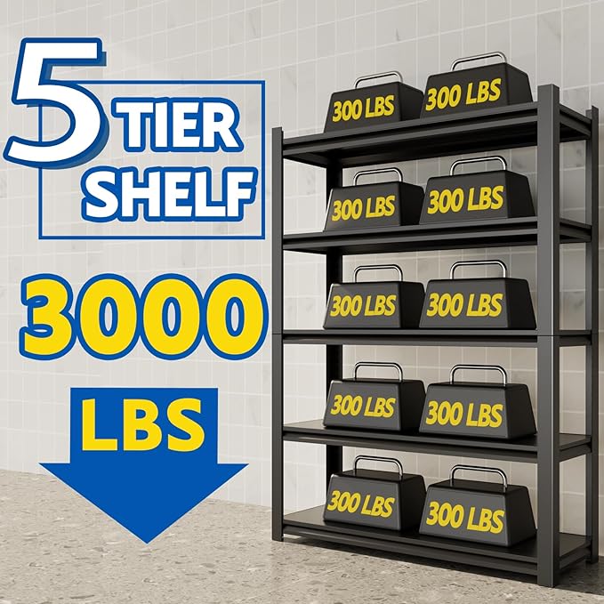 72''H Garage Shelving Heavy Duty,3000LBS Storage Shelves,5-Tier Adjustable Metal Shelve Storage Shelf Rack, Industrial Shelving Unit for Garage, arehouse,Basement (59" W x 19.7" D x 72" H) 3PC