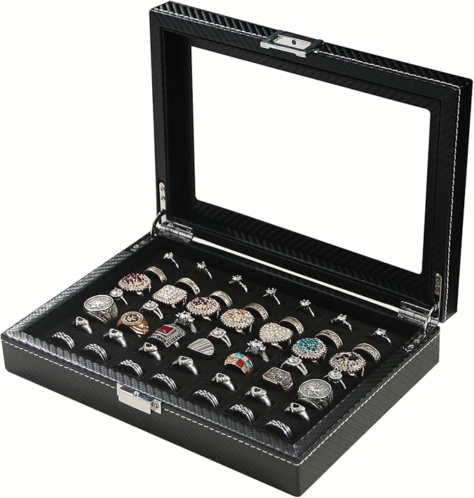 Byken Carbon Fiber Ring Organizer for Jewelry,Rings Display Case,Small Travel Jewelry Box,49 Slots Cufflink Storage Tray with Glass Lid,Black