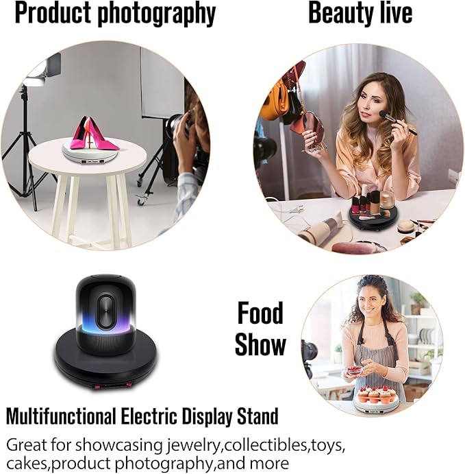 JAYEGT Motorized Rotating Display Stand with LED Light , 10 inch /55lbs Load, 360 Degree Electronic Turntable Display Stand for Photography Products Shows, Jewelry, Watch, 3D Models, Cake (White)