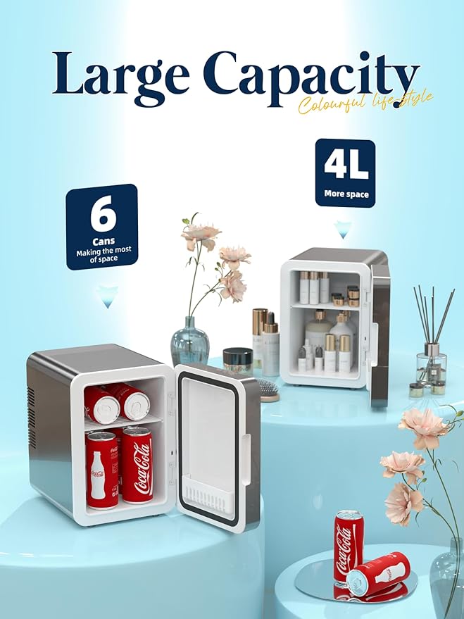 BOGDA Mini Skincare Fridge (4 Liter/6 Can) with Dimmable LED Light Mirror, Cooler and Warmer for Refrigerating Make Up, Skin Care and Food, Portable Mini Fridge for Bedroom, Office and Car, Grey