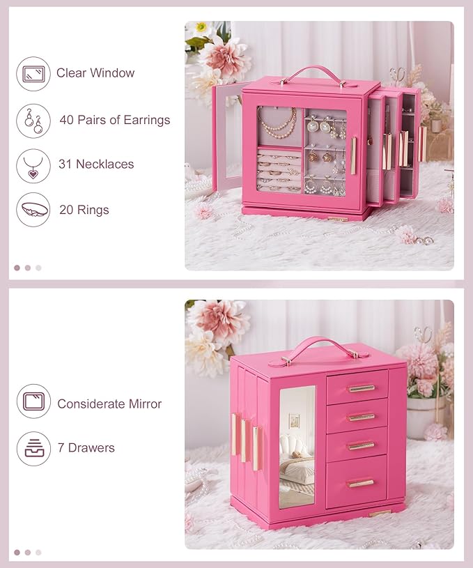 Homde Christmas Gifts Jewelry Box 360° Rotating, Necklace Earring Organizer with Transparent Window, Mirror, 7 Drawers, Large Ring Display Storage Case for Girls Women (Pink)