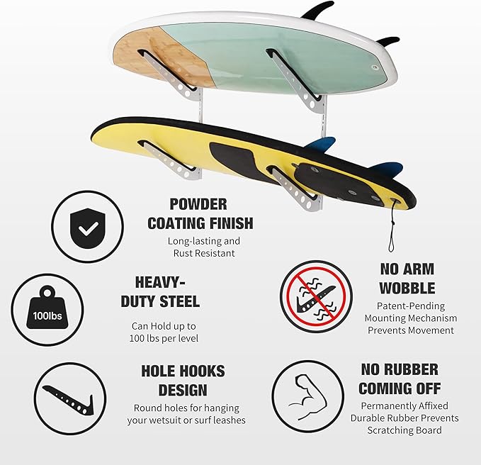 2 Board Surf Rack Wall Mount for Surfboard, Wakeboard, Snowboard Storage Adjustable Wall Hangers Boards Display