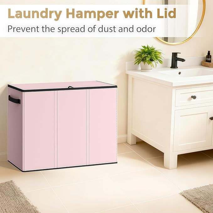 180L Laundry Hamper 3 Section, Large Laundry Basket with Lid, Laundry Basket Organizer with Handles, Pink Divided Laundry Baskets, Clothes Hampers for Nursery, Bedroom, Bathroom