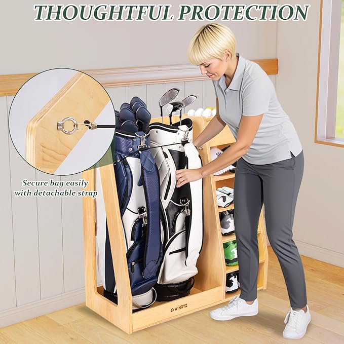 wingyz Wooden Golf Storage Organizer for Garage Fits 2 Bags for Any Level Golfer Great Gift, Golf Bag Rack Club Holder with 12-Ball Display Rack and 5 Shelves for Equipment Accessories