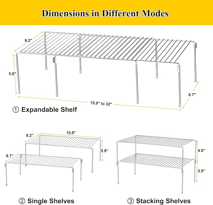 Set of 2 Kitchen Cabinet Organizer Shelves, Stackable Organizer and Storage for Cabinet Cupboard, Expandable Shelf Risers Plate Rack with Anti-Slip Plastic Liner