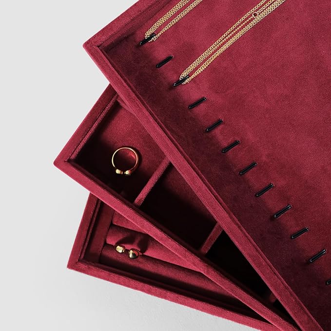 Velvet Stackable Jewelry Display Tray, 24 Grid Earring Ring Storage Tray, Drawer Divider Jewelry Accessories Organizer Plate (Red)
