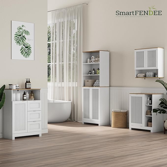 Tilt Out Laundry Hamper Cabinet with Louvered Door, Canvas Basket and 3 Open Side Shelves, Hidden Trash Can Cabinet, Ideal for Laundry, Kitchen, Bathroom, White