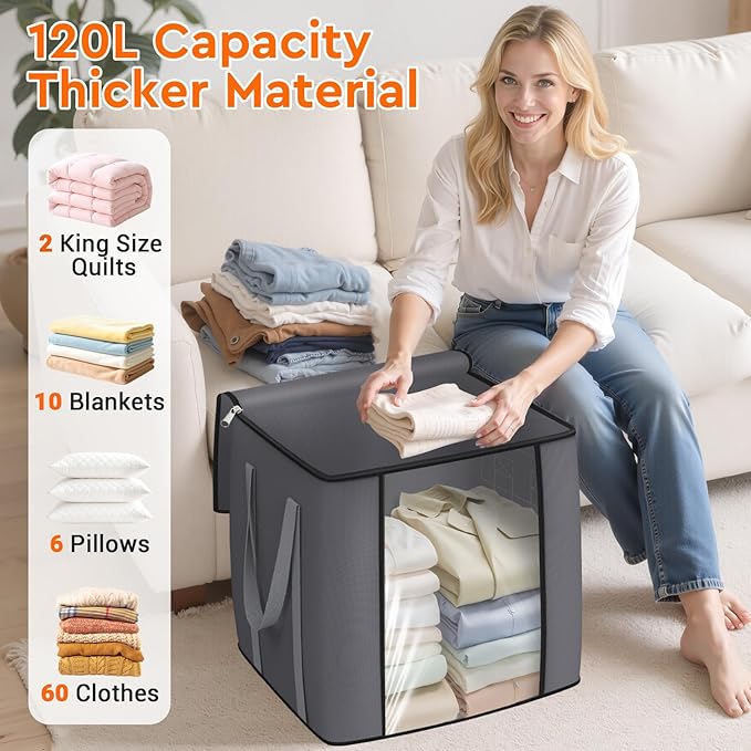 120L Extra Large Clothes Storage Bags, Foldable Blanket Storage and Organization, Thick Fabric Containers with Reinforced Handles & Zippers for Clothing, Comforters, Bedding, Gray, 1 Pack