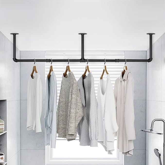 Industrial Iron Pipe Clothes Hanging Bar DIY Wall-Mounted Garment Rack Heavy Duty Clothing Rack for Bedroom, Laundry Room, Closet Storage (Black 60 inch)