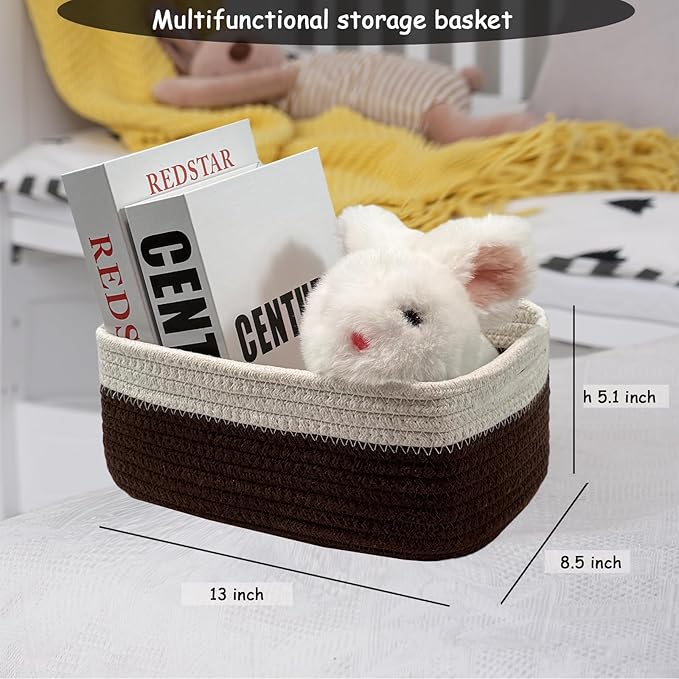 COMFY-HOMI 13" x 8.5" x 5.1" Storage Baskets for Organizing | Cotton Rope Woven Basket | Toy Storage Bin Box | Basket for Shelves,1 Pack, dark brown/white