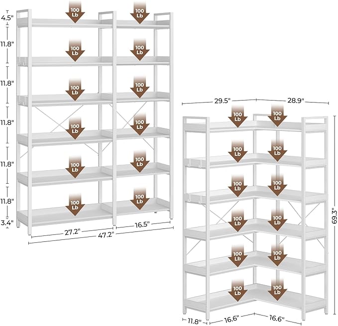 Rolanstar Bookshelf 6 Tier with 4 Hooks, Reversible Corner Bookshelf, 69" Industrial Wooden Bookcase with Open Shelves and Metal Frame for Living Room, Bedroom, Home Office, White