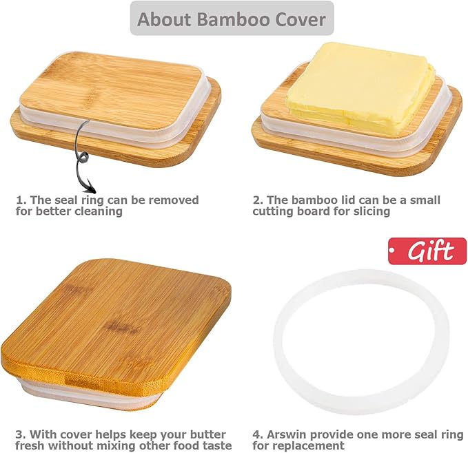 Butter Dish with Lid, Porcelain Keeper with Wood Lid Cover for Butter, Microwave Safe Easy Clean Butter Storage Container for Countertop and Refrigerator (Black 10oz)