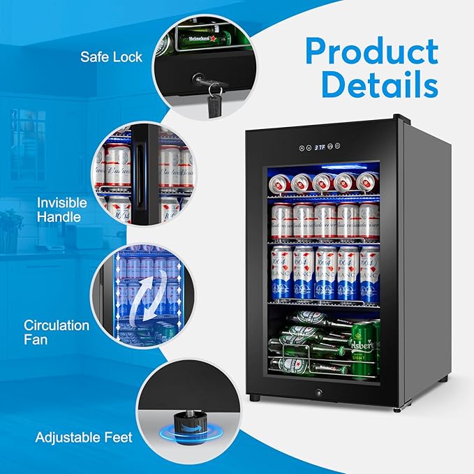 Beverage Refrigerator 17 inch Wide - 126 Can Beverage Cooler with Glass Door | Counter-Top/Freestanding Mini Beverage Beer Fridge | Temperature Memory | Invisible Door | Perfect for Soda,Beer