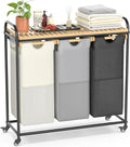 Laundry Hampers 3 Section, Laundry Sorter with Removable Shelf and Pull-Out Bags, Rolling Cart Clothes Hampers Basket with Wheels for Laundry Room Bathroom, 3 x 45 L (Black Beige Gray)