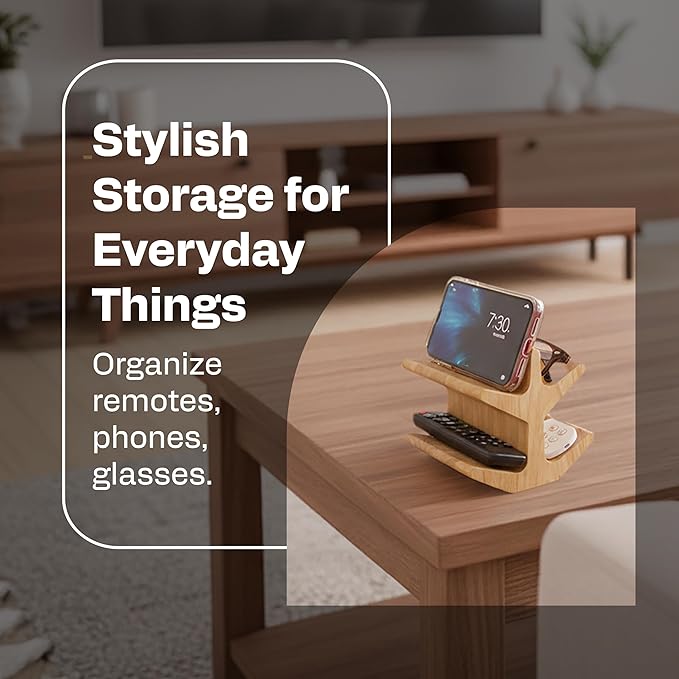 Decorative Remote Control Holder - Multiple Eyeglass Holder Stand - Remote Caddy for Table Bed - Wooden TV Remote Holder Storage - Coffee Table Organizer - Bedside Reading Glasses Holder