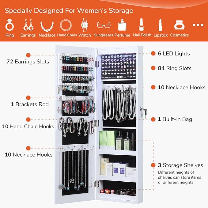 GISSAR Full Length Mirror Jewelry Cabinet, 6 LEDs Jewelry Armoire Wall Mounted Over The Door Hanging, Jewelry Organizer Display Storage Furniture with Lights Locker Mirrored Cabinet, 39.4" H, White