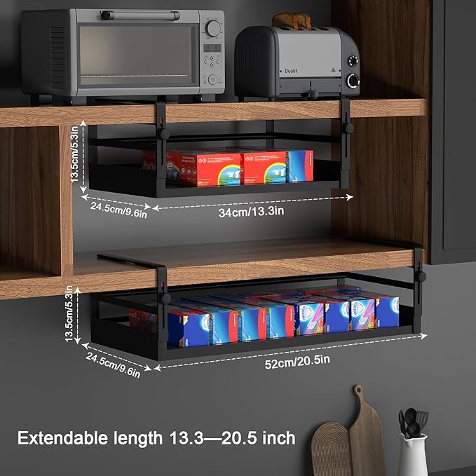 2Pack Under Shelf Basket Organizer, Adjustable Under Cabinet Shelf Storage, Hanging Holder Length Stretchable 13-21Inch for Kitchen Pantry Desk Counter Bookshelf Cupboard (Black)