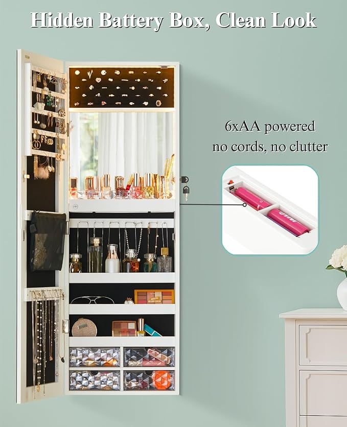 LUXFURNI Full Length Mirror with Storage, 79 LED Lights Mirror Jewelry Cabinet, Wall Mounted or Door-Hanging Jewelry Armoire Organizer with Mirror, Built-in Makeup Mirror, White