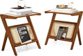 Giantex Rattan Side Table, Boho Nightstand with Glass Top & Magazine Rack, End Table with Storage, Bamboo Bedside Table for Small Space Living Room Bedroom (2, Walnut)