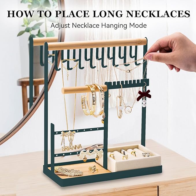 DreamGenius Jewelry Organizer Stand with Velvet Ring Holder, 4 Tier Jewelry Holder Organizer with 15 Hooks for Necklaces and 16 Holes for Earrings, Green
