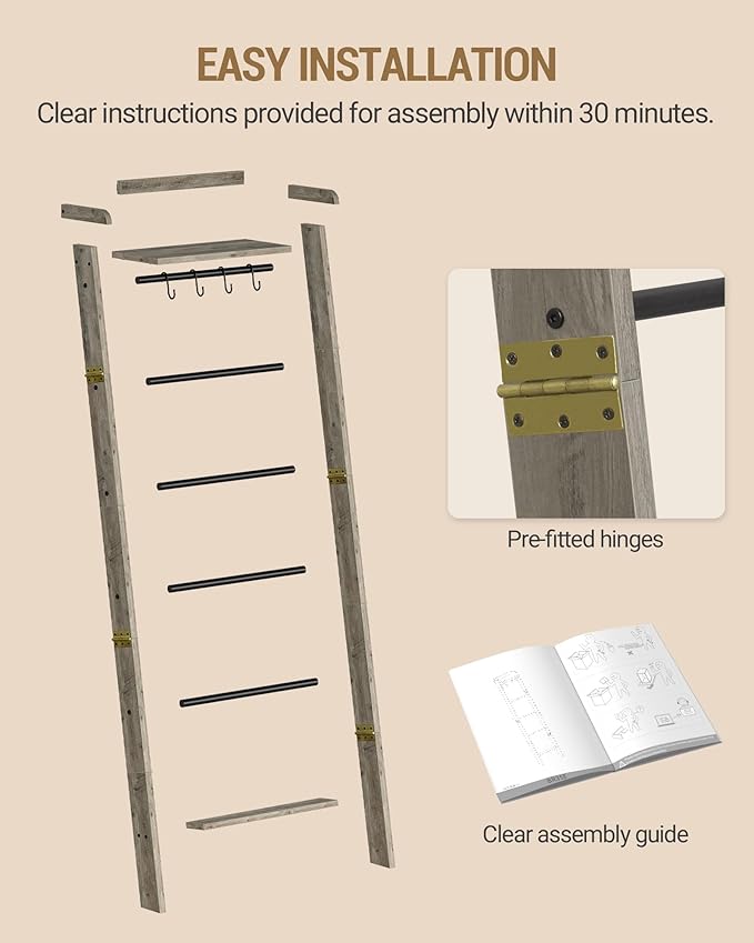 Blanket Ladder Shelf, Decorative Quilt Rack, 7-Tier Farmhouse Ladder Holder Organizer with 4 Removable Hooks, Greige BR36805B