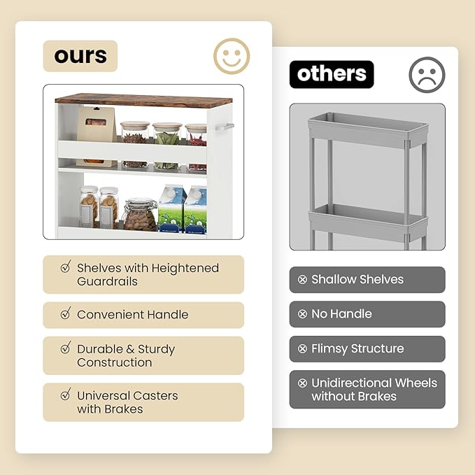 Small Kitchen Cart, 4-Tier Slim Rolling Island w/Handle, Laundry Room Storage Organizers Between Washer and Dryer, Narrow Spice Rack on Wheels Next to Fridge (White & Rustic Brown, 8'')