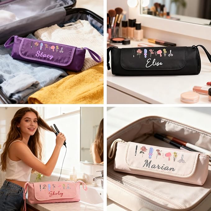 Personalized Hair Tool Bags with Heat Resistant Mat for Curling Iron & Flat Iron, Custom Name & Birth Flower Travel Bag for Hair Tools, curling iron bag for Women & Stylists (Style2)
