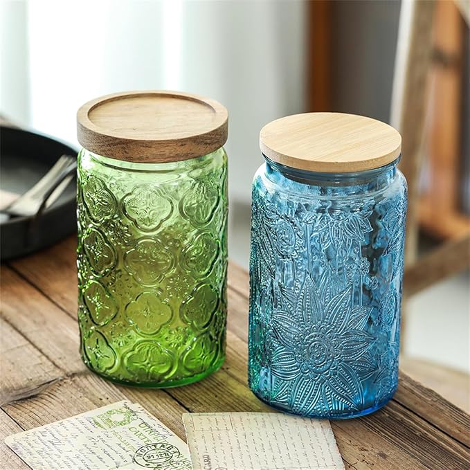 ANSQU Set of 2 Vintage Blue Glass Storage Jars with Wood Lids, 34oz Kitchen Canisters for Coffee, Sugar, Cookies, Candy – Decorative Pantry Organizers (Blue 2, 34 Ounces)