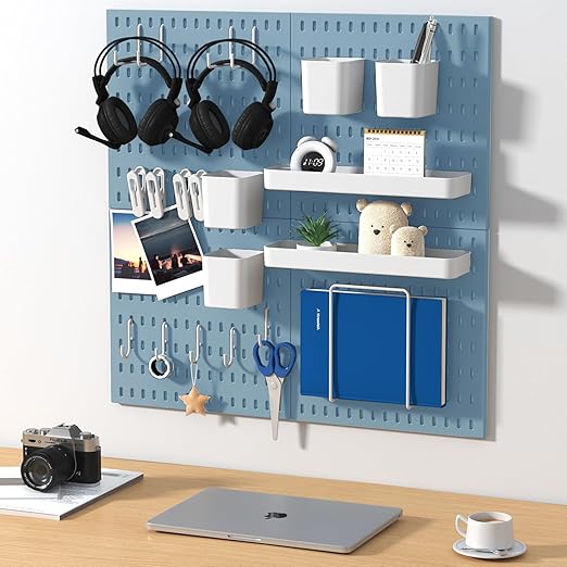 Peg Board Combination Kit, 4 Pegboards with 20 Accessories, Pegboard Wall Organizer for Office, Nursery & Home Storage, Key Holder, 25.6"x25.6" – Nail-Free Installation（Blue）