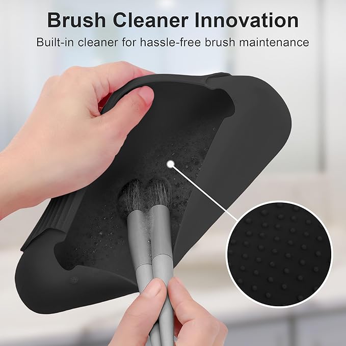 Silicone Travel Makeup Brush Holder for Women with Magnetic Closure and Built-in Brush Cleaner, Washable Cosmetic Organizer, Gift-Ready Pouch, Black