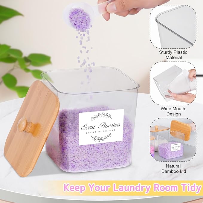 efluky 4 pack Laundry Pods Container & Dryer Sheet Holder Set,Clear Laundry Room Organization Containers with Bamboo Lids and Labels,Laundry Pods Holder for Scent Booster,Powder,Pod