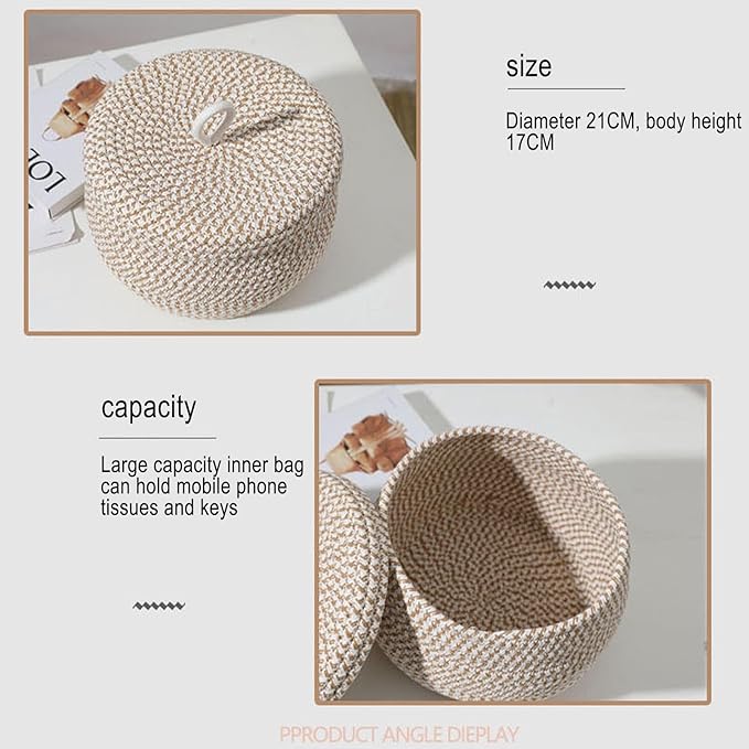 Rope Basket – Straw Woven 21x21x17cm | Round Cotton Rope Storage Basket With Lid Decorative Woven Bin | Lidded Organizer For Snacks Yarns Keys Toys Home Bedroom And Daily Use