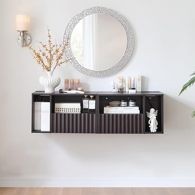 Modern Espresso Fluted Floating Nightstand with Charging Station, NightStand with Drawers, Bedside with USB Ports and Outlets, Bedroom Furniture (Left)