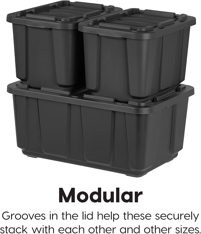 IRIS USA 27 Gallon Heavy Duty Truck Bed Toolbox Storage Tote Bins with Lids, 4 Pack - Made in USA, Tough Snap On Lockable Lid Stackable Industrial Tubs, Garage Organization Reusable Box - Black
