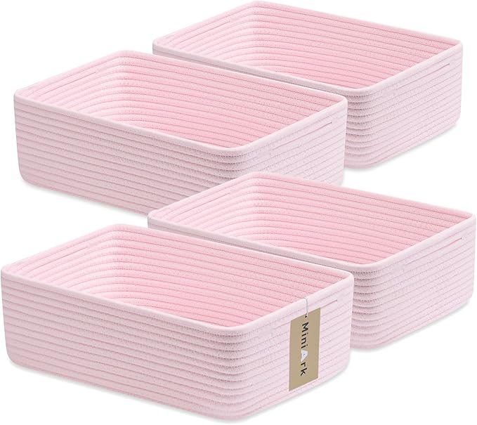Large Shallow Organizing Baskets 15x11x5.1 Inches - Rope Woven Storage Bins for Bathroom, Shelves, Cube Closet, Light Pink 4 Packs