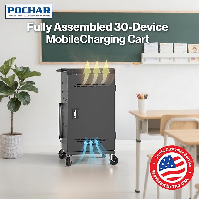 POCHAR Fully Assembled 30 Unit Device Charging Station for Chromebook, iPad, 14'' Laptop - Charging Cart with Charger Cable Management, Circuit Breaker, Grounding Protection
