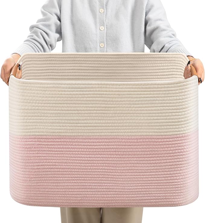 danpinera Woven Rectangle Storage Basket, Large Blanket Basket for Living Room,Kids Room, Storage Bin Box with Handle for Pillows, 22’’*17’’*11.8’’, 72L, White/Pink