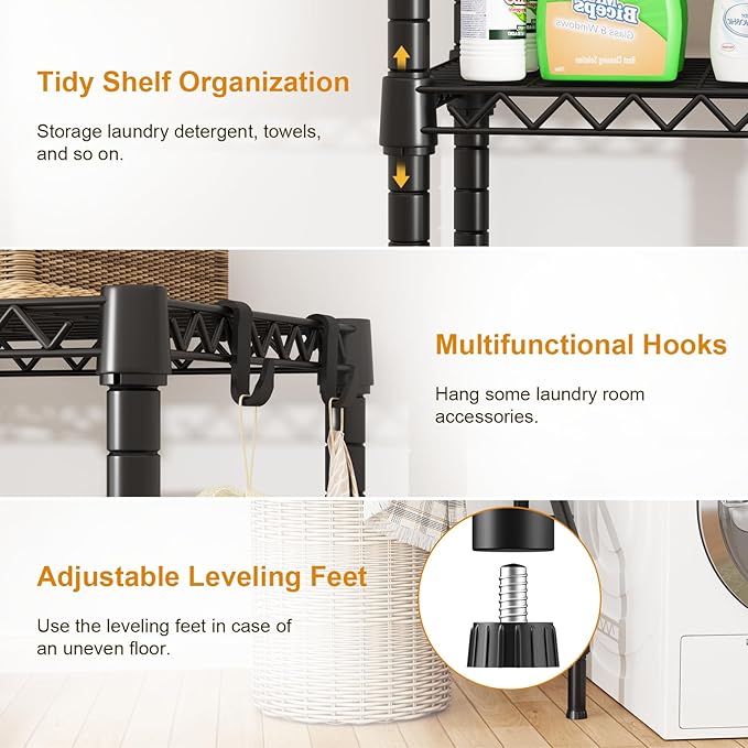 U15 Over Washer and Dryer Storage Shelves, Laundry Above Washer Dryer Storage Rack Space Saver, 6-Tier Wire Shelf with 4 Hooks for Organization, 63.4"W x 17.3"D x 76.4"H, Holds 568lbs, Black