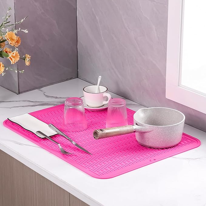 Silicone Dish Drying Mat for Multiple Usage,Easy clean,Eco-friendly,Heat-resistant Silicone Mat for Kitchen Counter or Sink,Refrigerator or Drawer Liner Rose 2XL 24 inches x 18 inches