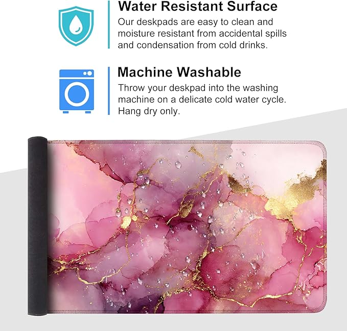 Pink Marble Ink Mouse Pad – Large Extended Desk Mat 35.43 x 15.75 in – Elegant Watercolor Gold Foil Design, Waterproof Surface, Non-Slip Rubber Base, Keyboard & Mouse Pad for Office or Gaming