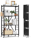 VEVOR 4-Tier Foldable Storage Shelf, 28W x 13D x 54H Inch Folding Metal Rack Shelving Unit, No Assembly Organizer Shelf with 5 Wheels & 4 Hooks for Pantry, Kitchen, Garage, Basement, Black