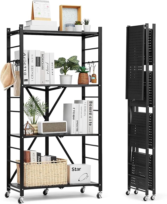 VEVOR 4-Tier Foldable Storage Shelf, 28W x 13D x 54H Inch Folding Metal Rack Shelving Unit, No Assembly Organizer Shelf with 5 Wheels & 4 Hooks for Pantry, Kitchen, Garage, Basement, Black