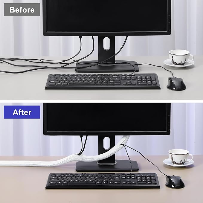 Cable Management Sleeves 1.5in - 2 Pack 4.1ft Split Braided Cable Sleeve White, Wire Organizers for Cords, Hard PE Cord Protectors from Pets, Flexible Cord Wrap Wire Sleeve for Computer Cord Organizer