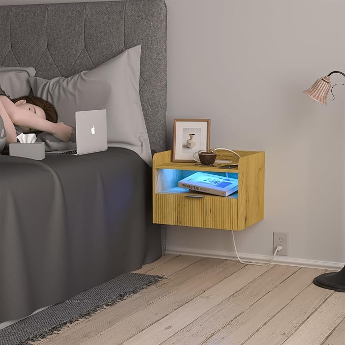 Floating Nightstand with Charging Station and LED Lights (Yellow Oak)