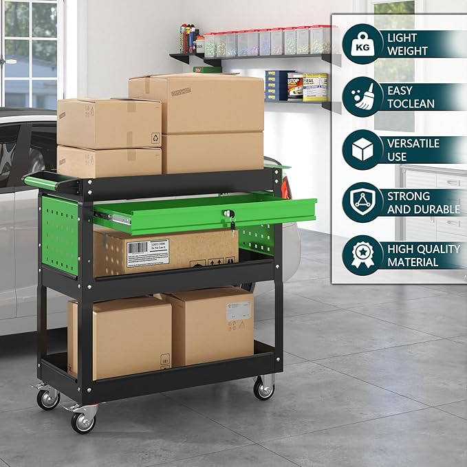 3 Tier Rolling Tool Cart on Wheels with Locking Drawer - Metal Service Cart Industrial Utility Cart for Mechanic - 350 LBS Mobile Storage Organizer for Garage (Black-Green)