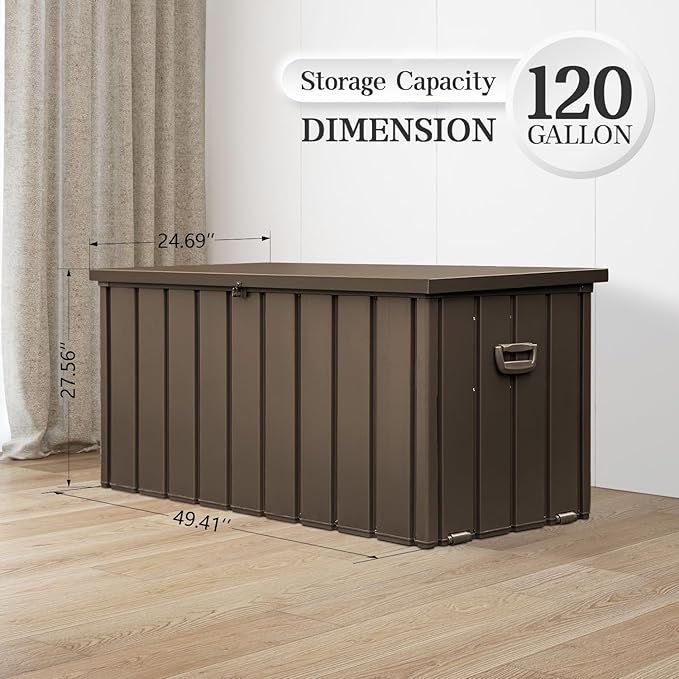 Domi 120 Gallon Metal Deck Box Waterproof, Outdoor Storage Box with Lock Wheels Side Handles, Outside Storage Box for Patio Cushions, Shoes & Pool Tools