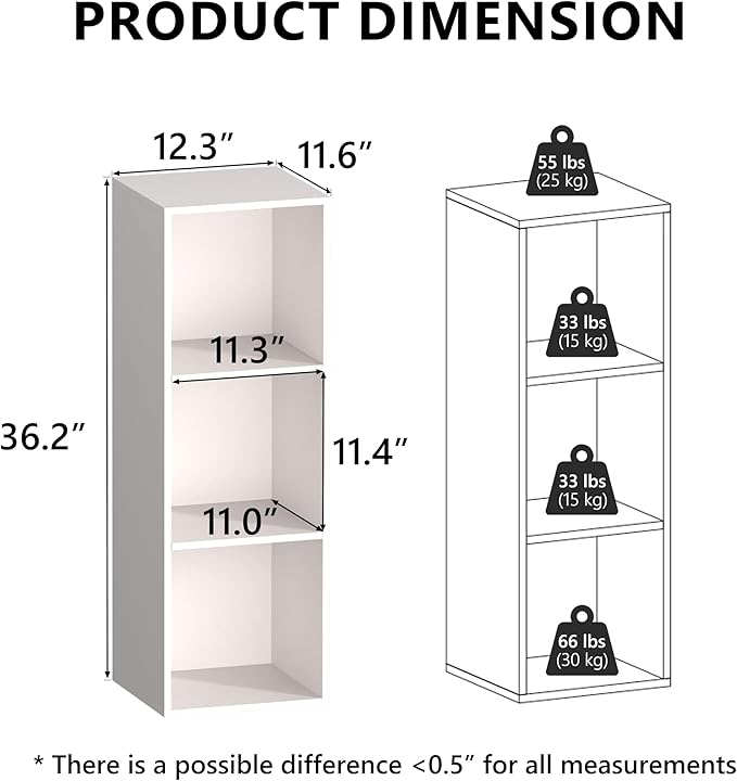 3 Cube Storage Organizer, 3 Tier Cube Low Bookcase Freestanding Storage Display Organizer for Home Office, Three-Cubes Open Shelf Short Bookshelf (White, 3 Cube)