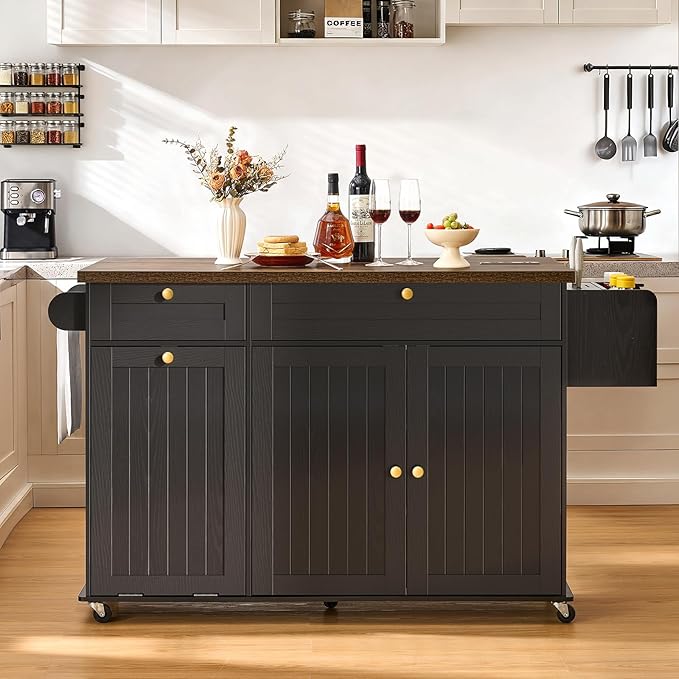 60.2" Kitchen Islands with Storage, Kitchen Island Cart with Trash Can Storage Cabinet, Rolling Kitchen Island Table with Drop Leaf & Power Outlet & Spice Rack & Towel Rack & Knife Holder, Black